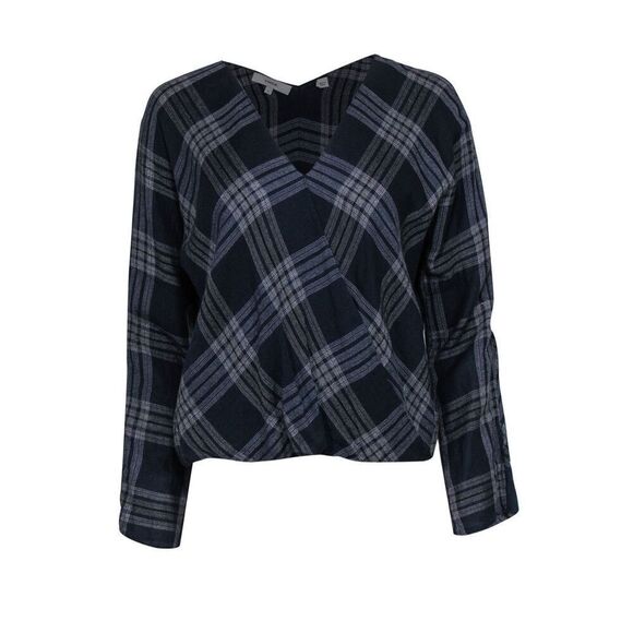 Vince Navy & White Plaid V-Neck Long Sleeve Side Snap Wrap Blouse Women's Medium - Picture 2 of 11
